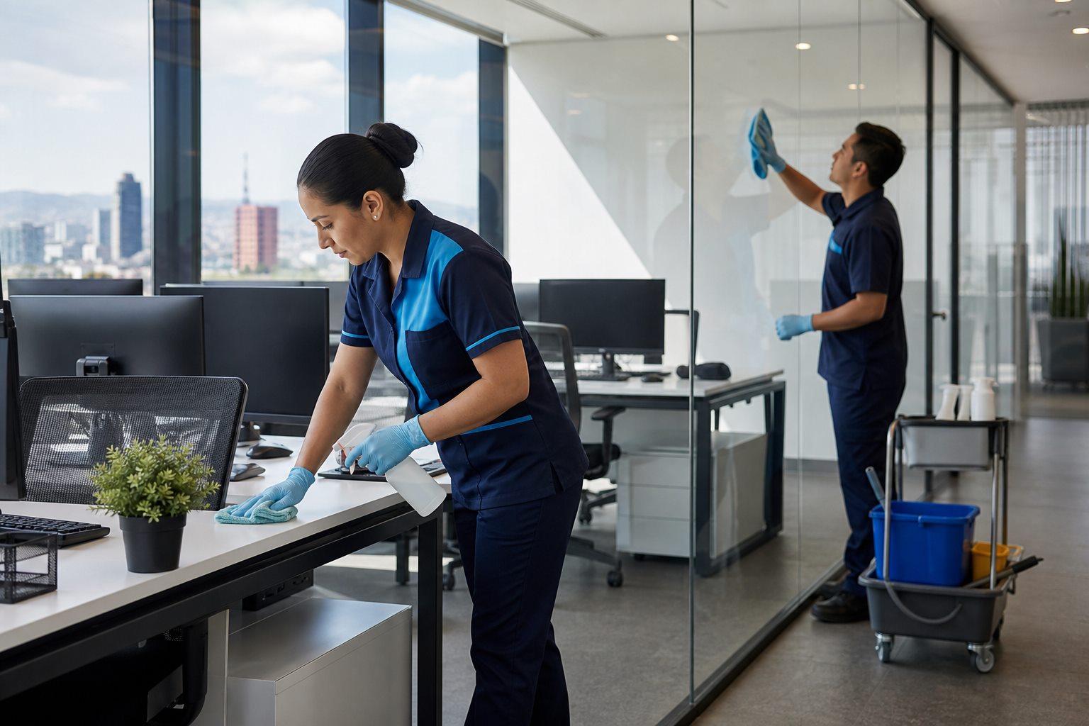Equipo realizando limpieza profesional de escritorios y cristales en una oficina de CDMX