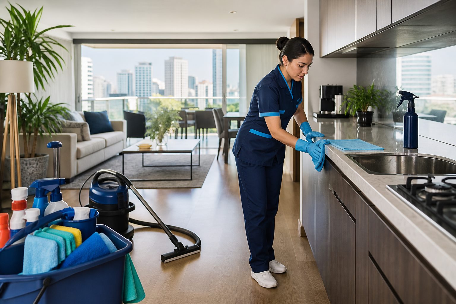 Profesional limpiando la cocina y sala de un departamento en CDMX